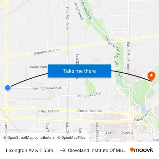 Lexington Av & E 55th St to Cleveland Institute Of Music map