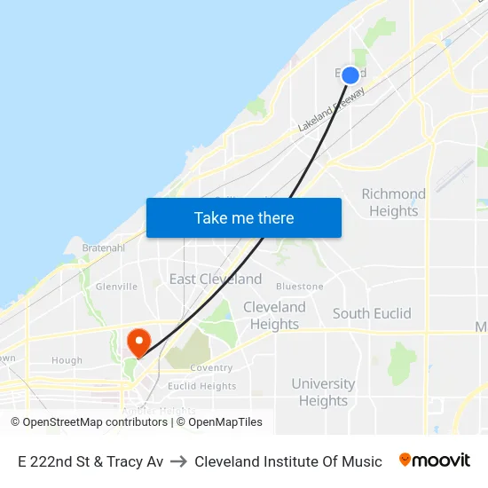 E 222nd St & Tracy Av to Cleveland Institute Of Music map