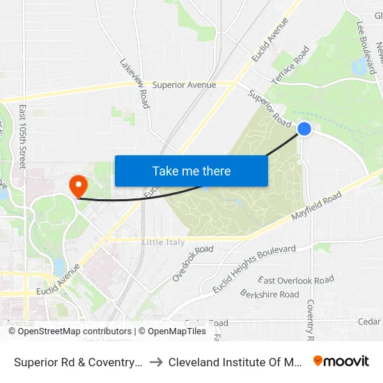 Superior Rd & Coventry Rd to Cleveland Institute Of Music map