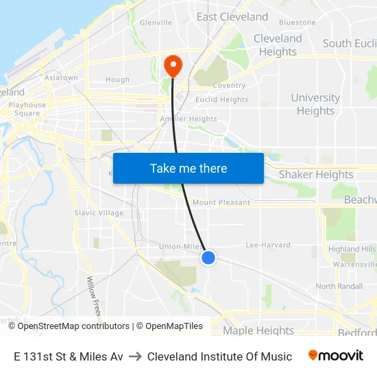 E 131st St & Miles Av to Cleveland Institute Of Music map