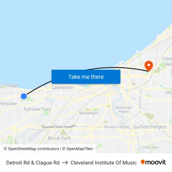Detroit Rd & Clague Rd to Cleveland Institute Of Music map