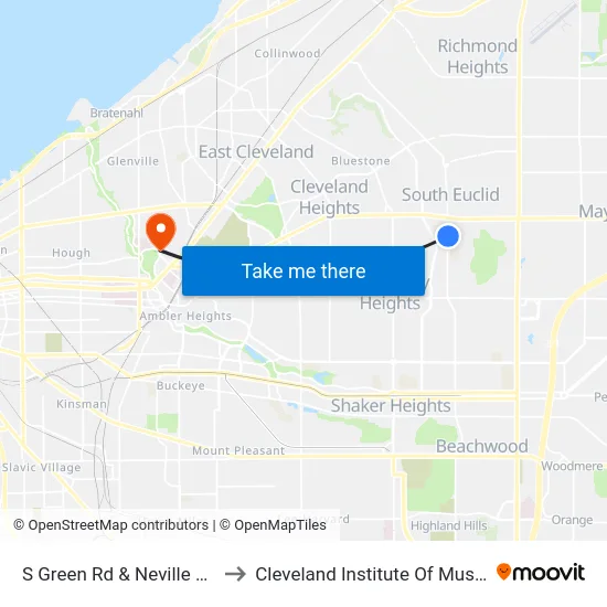 S Green Rd & Neville Rd to Cleveland Institute Of Music map