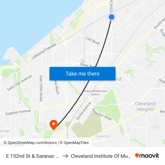 E 152nd St & Saranac Rd to Cleveland Institute Of Music map