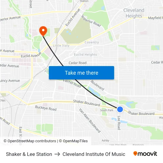 Shaker & Lee Station to Cleveland Institute Of Music map