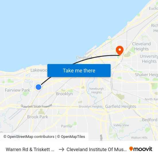 Warren Rd & Triskett Rd to Cleveland Institute Of Music map