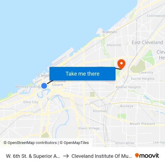 W. 6th St. & Superior Ave. to Cleveland Institute Of Music map
