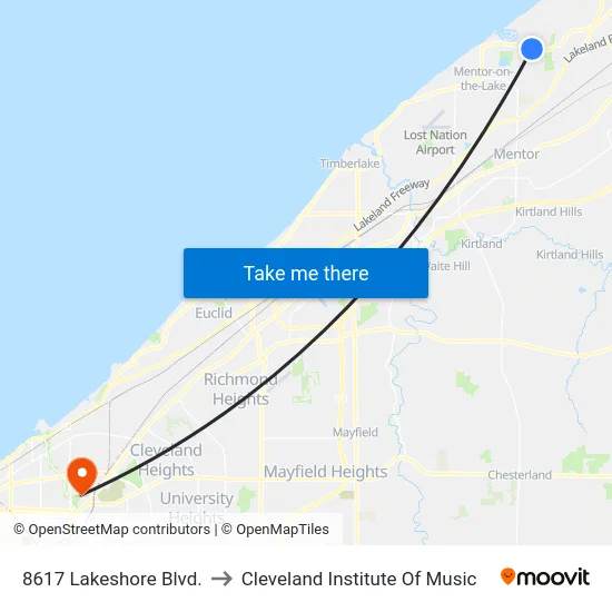 8617 Lakeshore Blvd. to Cleveland Institute Of Music map
