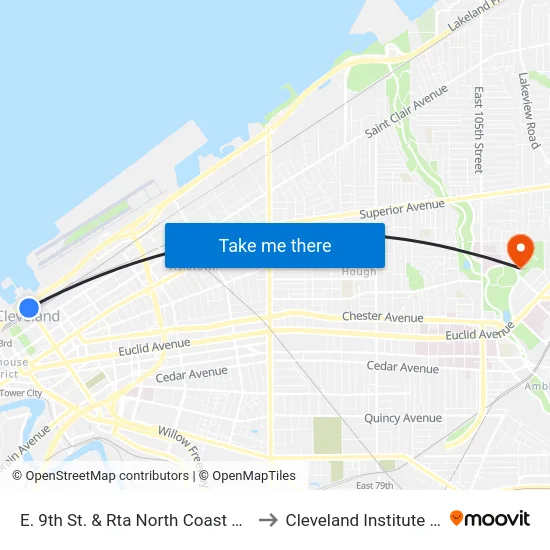 E. 9th St. & Rta North Coast Rapid Station to Cleveland Institute Of Music map