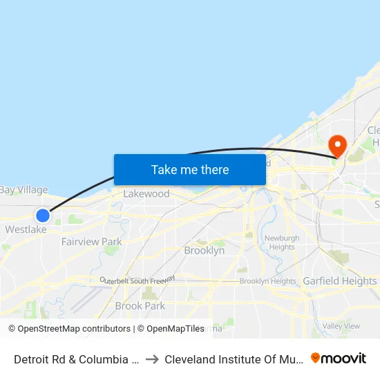 Detroit Rd & Columbia Rd to Cleveland Institute Of Music map
