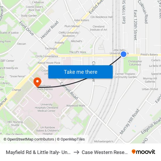 Mayfield Rd & Little Italy- University Circle Stn to Case Western Reserve University map