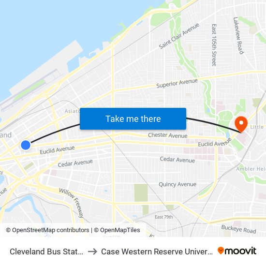 Cleveland Bus Station to Case Western Reserve University map