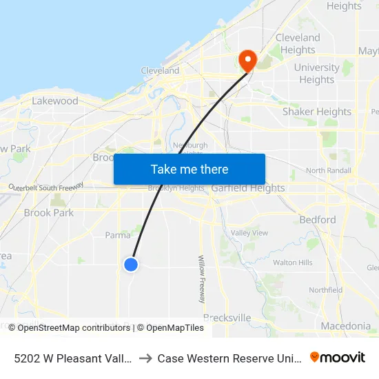 5202 W Pleasant Valley Rd to Case Western Reserve University map