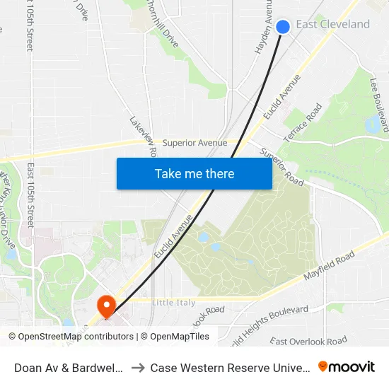Doan Av & Bardwell Av to Case Western Reserve University map