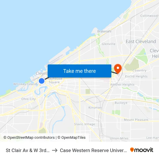 St Clair Av & W 3rd St to Case Western Reserve University map