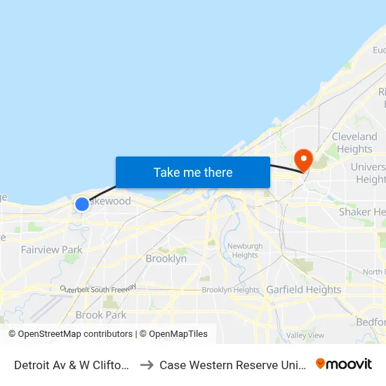 Detroit Av & W Clifton Blvd to Case Western Reserve University map