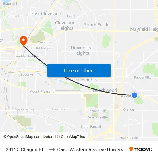 29125 Chagrin Blvd to Case Western Reserve University map