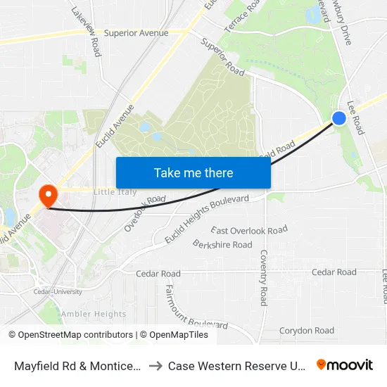 Mayfield Rd & Monticello Blvd to Case Western Reserve University map