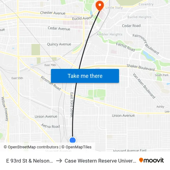 E 93rd St & Nelson Av to Case Western Reserve University map