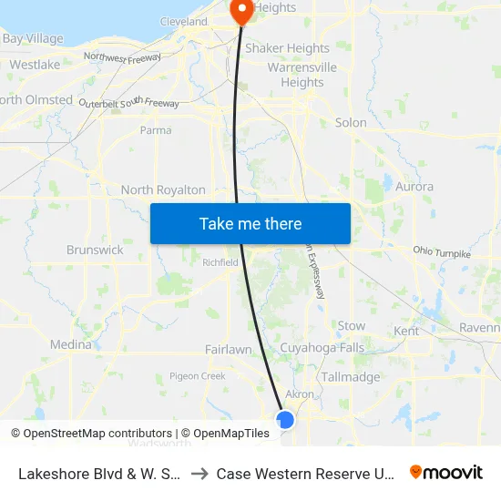 Lakeshore Blvd & W. South St to Case Western Reserve University map