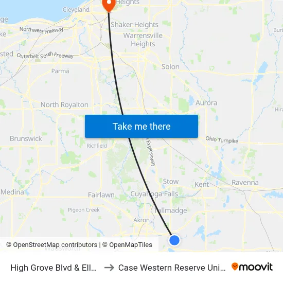 High Grove Blvd & Ellet Ave to Case Western Reserve University map