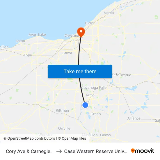Cory Ave & Carnegie Ave to Case Western Reserve University map