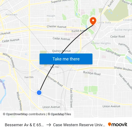 Bessemer Av & E 65th St to Case Western Reserve University map