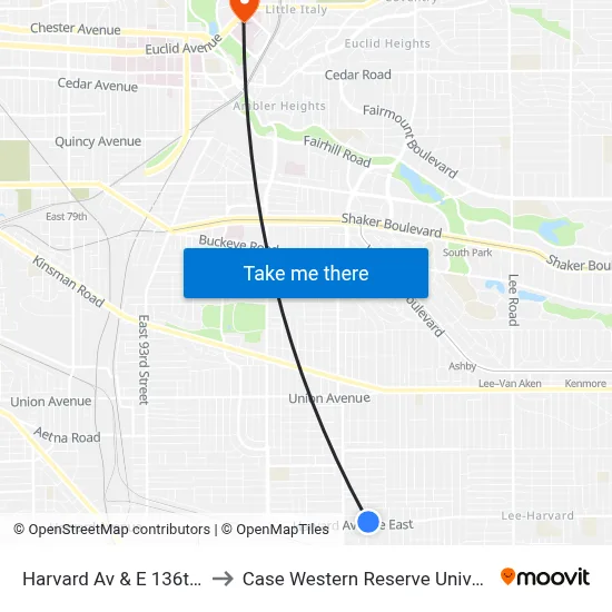 Harvard Av & E 136th St to Case Western Reserve University map