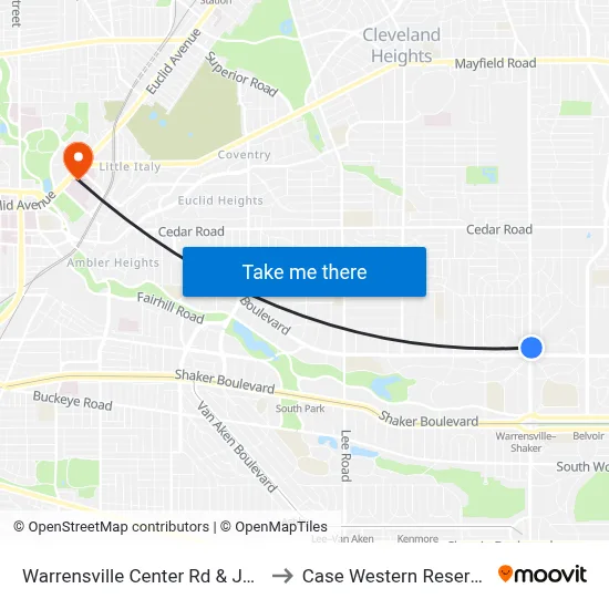 Warrensville Center Rd & John Carroll Blvd to Case Western Reserve University map