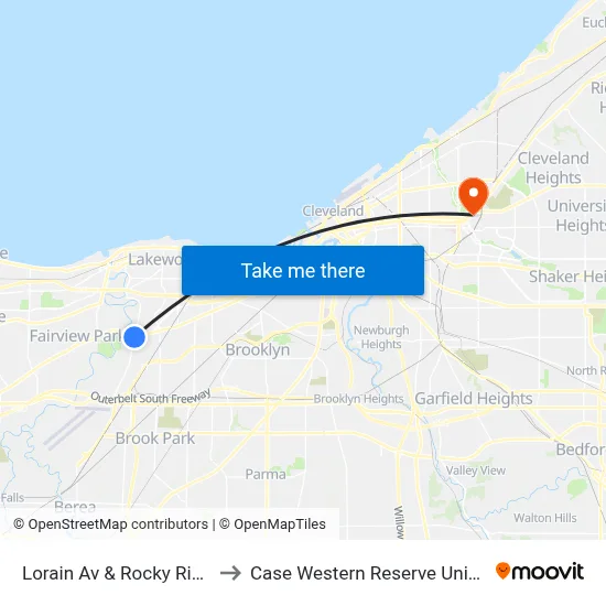 Lorain Av & Rocky River Dr to Case Western Reserve University map