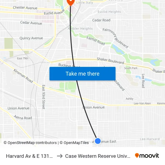 Harvard Av & E 131st St to Case Western Reserve University map