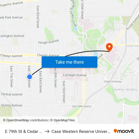 E 79th St & Cedar Av to Case Western Reserve University map
