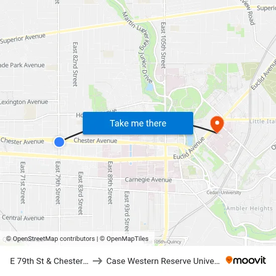 E 79th St & Chester Av to Case Western Reserve University map