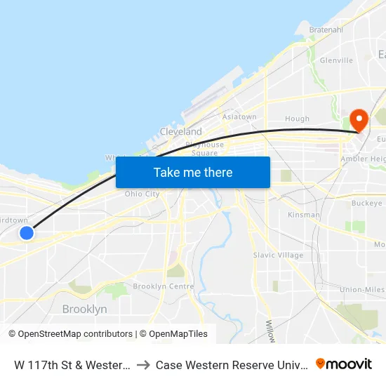 W 117th St & Western Av to Case Western Reserve University map