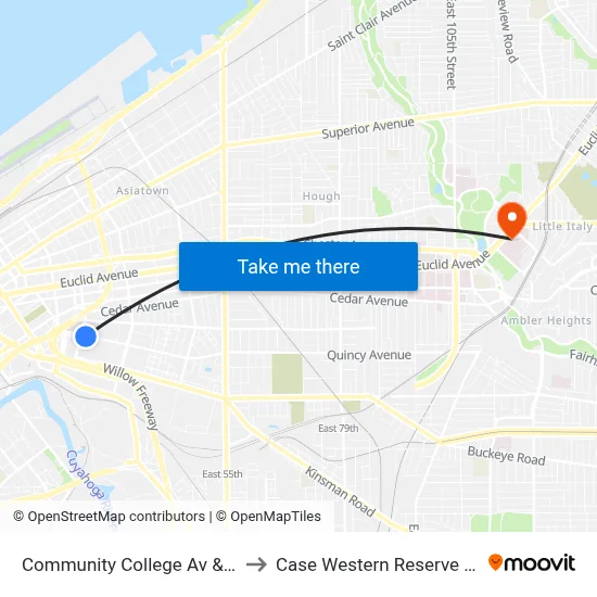 Community College Av & E 22nd St to Case Western Reserve University map