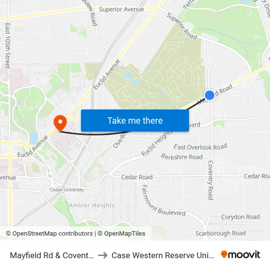 Mayfield Rd & Coventry Rd to Case Western Reserve University map