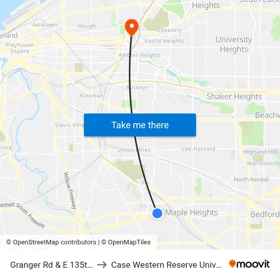 Granger Rd & E 135th St to Case Western Reserve University map
