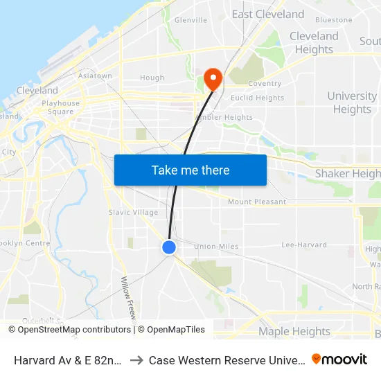 Harvard Av & E 82nd St to Case Western Reserve University map