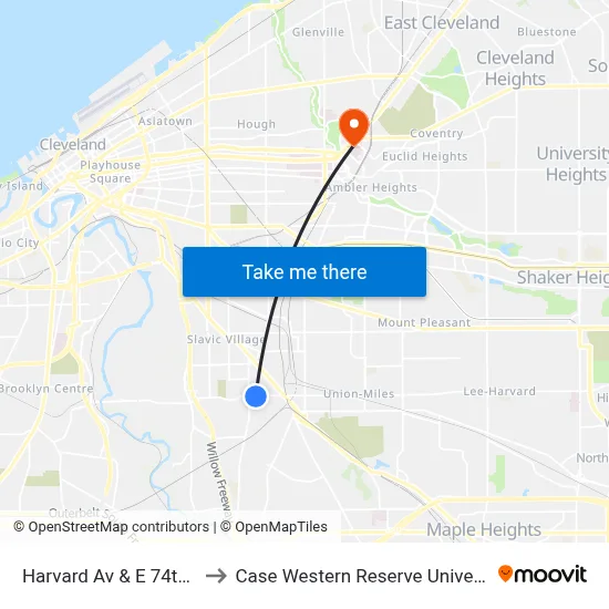 Harvard Av & E 74th St to Case Western Reserve University map
