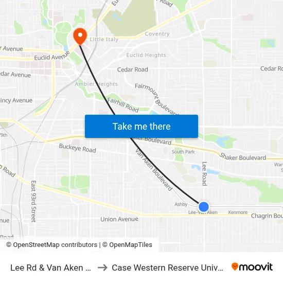 Lee Rd & Van Aken Blvd to Case Western Reserve University map
