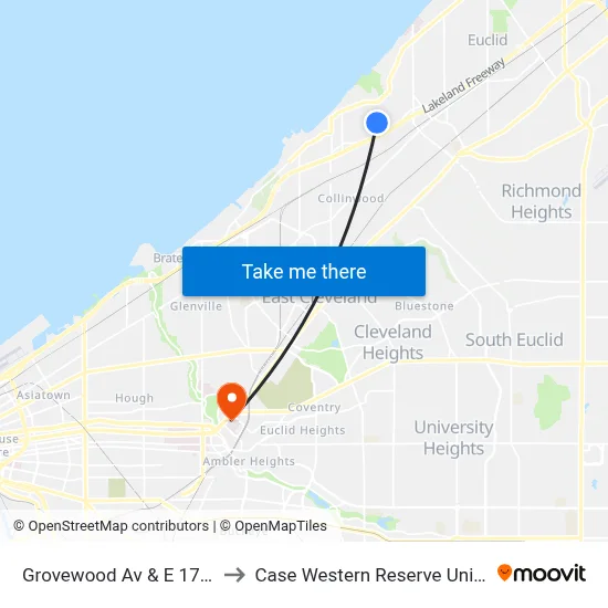 Grovewood Av & E 170th St to Case Western Reserve University map