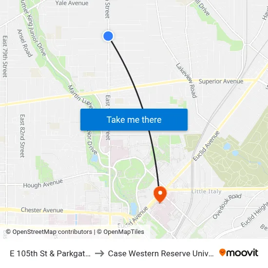 E 105th St & Parkgate Av to Case Western Reserve University map
