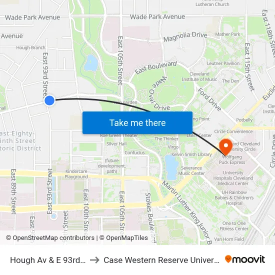 Hough Av & E 93rd St to Case Western Reserve University map