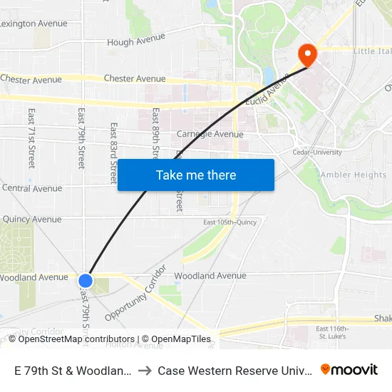 E 79th St & Woodland Av to Case Western Reserve University map