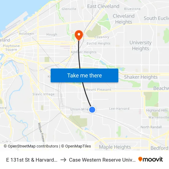 E 131st St & Harvard Av E to Case Western Reserve University map