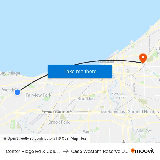 Center Ridge Rd & Columbia Rd to Case Western Reserve University map