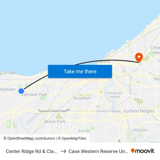Center Ridge Rd & Clague Rd to Case Western Reserve University map