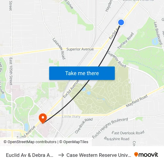 Euclid Av & Debra Ann Ln to Case Western Reserve University map