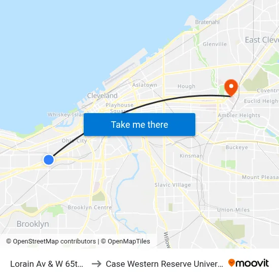 Lorain Av & W 65th St to Case Western Reserve University map