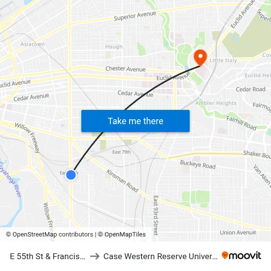 E 55th St & Francis Av to Case Western Reserve University map