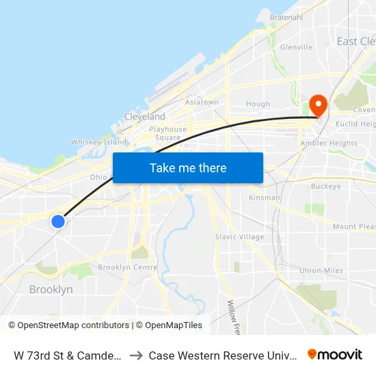 W 73rd St & Camden Av to Case Western Reserve University map
